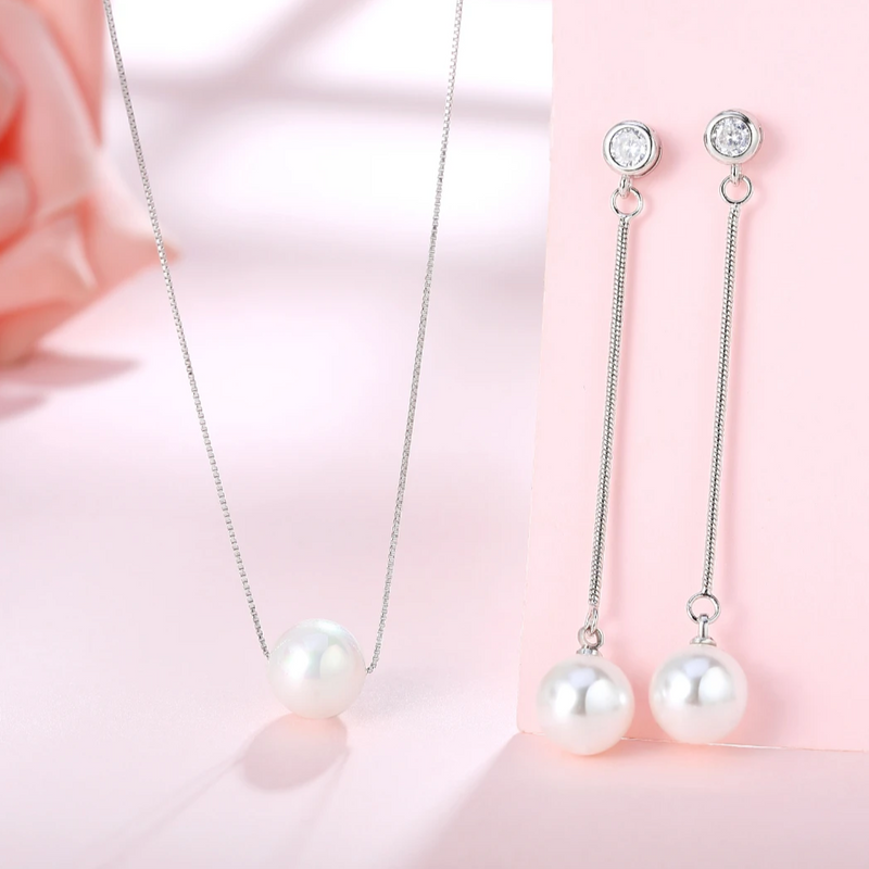 Sterling Silver Pearl Long Dangle Drop Necklace Earring Jewelry Set - ISAACSONG.DESIGN