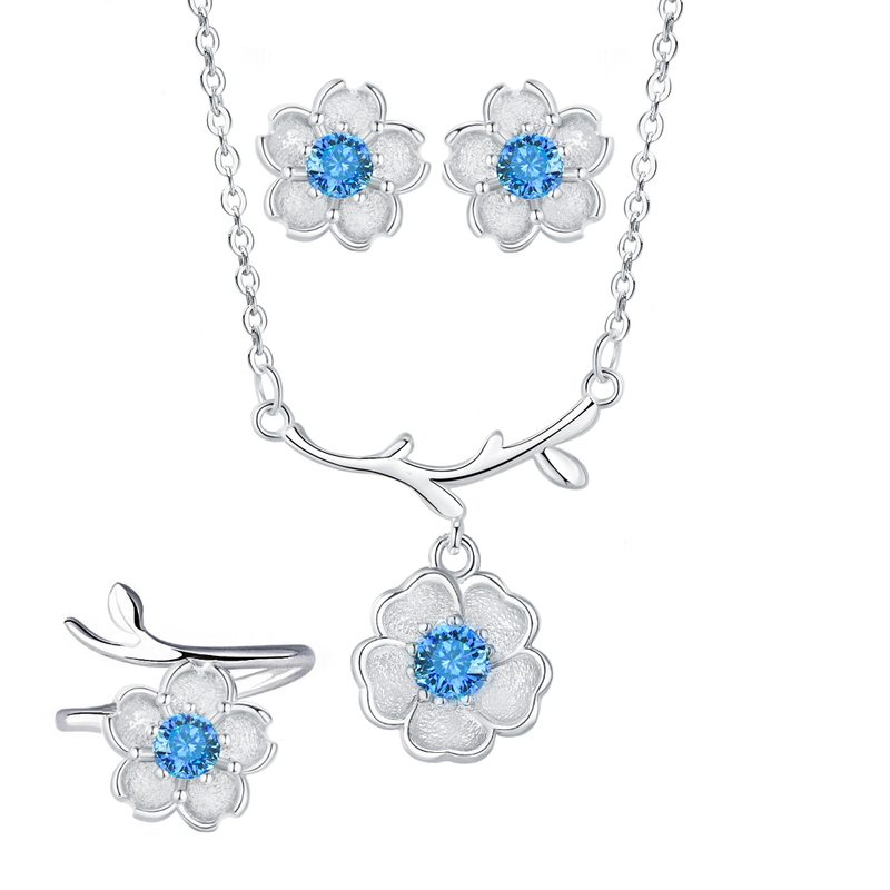 “Cherry Blossom” Sterling Silver Crystal Sakura Flower Necklace Earrings Ring Jewelry Set - ISAACSONG.DESIGN