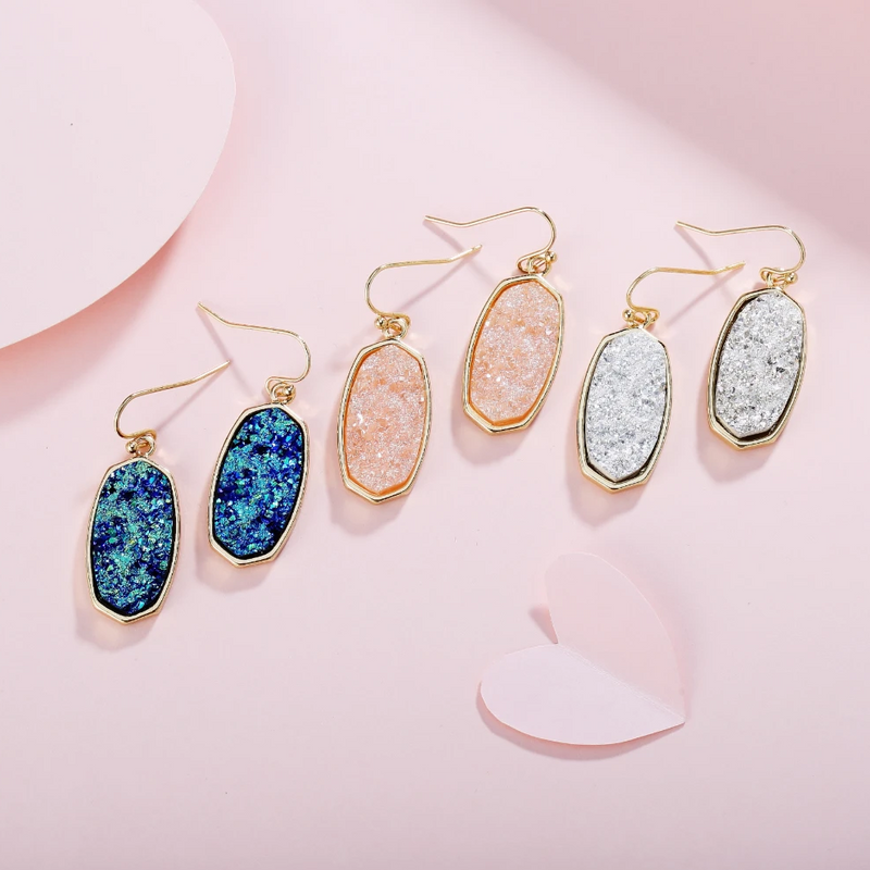 Statement Oval Drusy Crystal Stone Gold Tone Dangle Drop Earrings - ISAACSONG.DESIGN