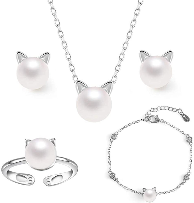Sterling Silver Cultured Pearl Cat Necklace Earring Ring Jewelry Set - ISAACSONG.DESIGN