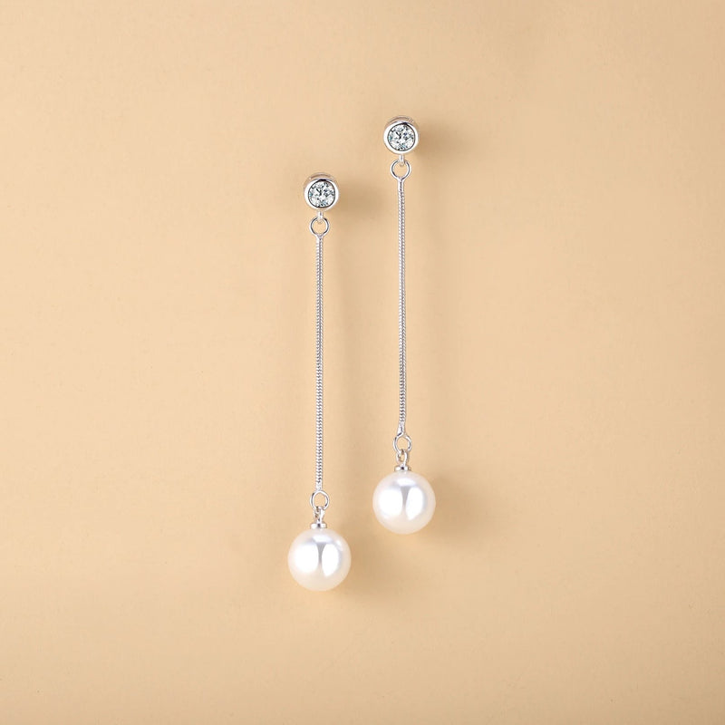 Sterling Silver Cubic Zirconia Crystal Freshwater Cultured Pearl Drop Earrings - ISAACSONG.DESIGN