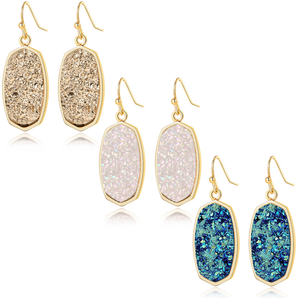 Statement Oval Simulated Drusy Crystal Stone Gold Tone Drop Dangle Earrings - ISAACSONG.DESIGN