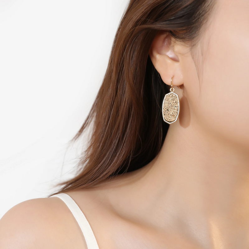 Statement Oval Simulated Drusy Crystal Stone Gold Tone Drop Dangle Earrings - ISAACSONG.DESIGN