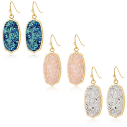 Statement Oval Drusy Crystal Stone Gold Tone Dangle Drop Earrings - ISAACSONG.DESIGN