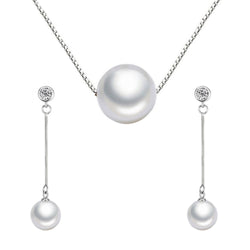 Sterling Silver Pearl Long Dangle Drop Necklace Earring Jewelry Set - ISAACSONG.DESIGN