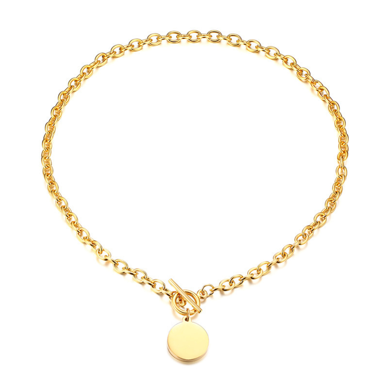 Statement Oval Clasping Link Choker with Round Coin Charm Chunky Necklace - ISAACSONG.DESIGN