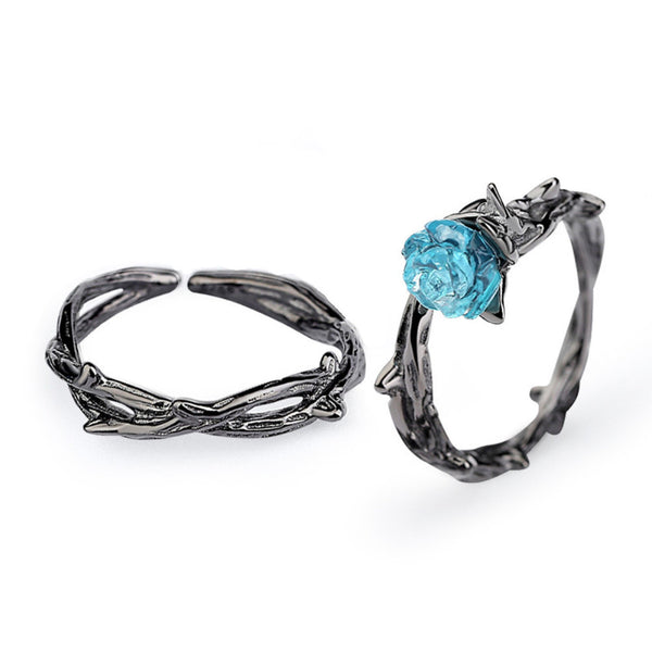 925 Sterling Silver Valentine Blue Rose Statement Adjustable Couple Ring - ISAACSONG.DESIGN