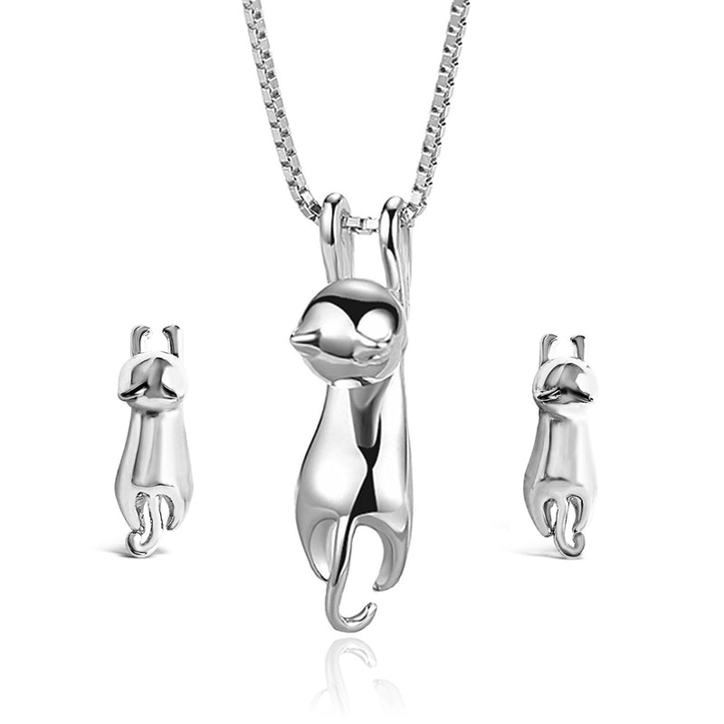 Sterling Silver Cat Kitty Lovers Necklace Earrings Jewelry Set - ISAACSONG.DESIGN