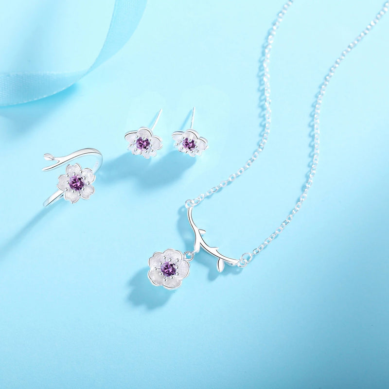 “Cherry Blossom” Sterling Silver Crystal Sakura Flower Necklace Earrings Ring Jewelry Set - ISAACSONG.DESIGN
