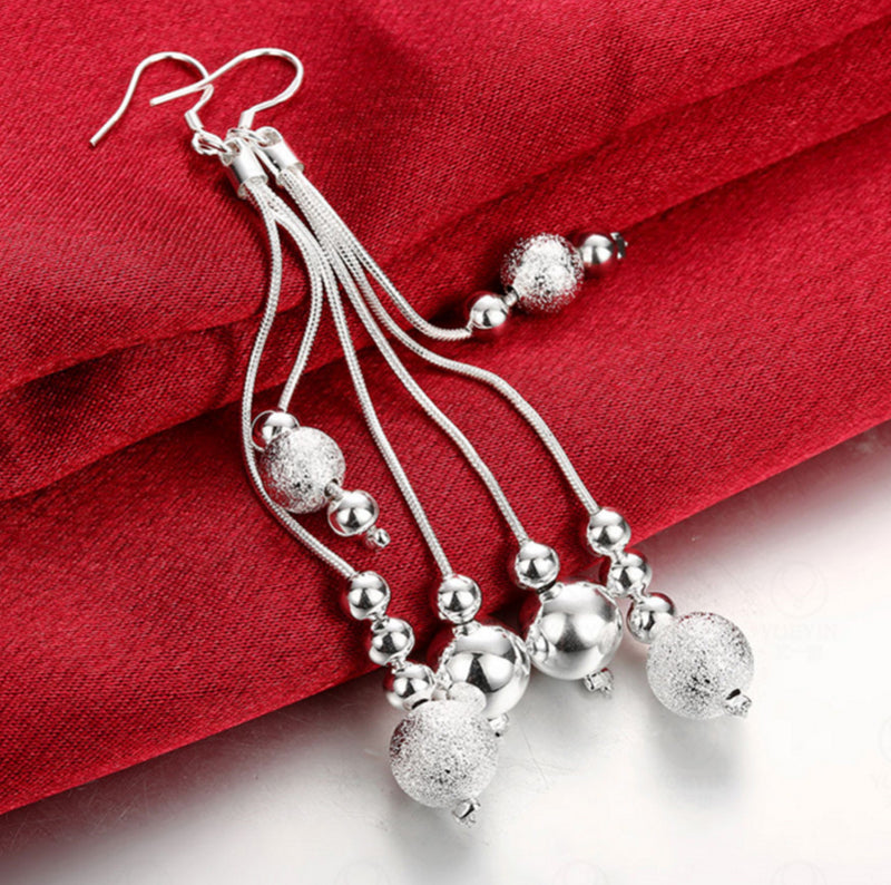 Sterling Silver Beaded Tassel Y Shape Necklace and Dangle Earrings Bridal Wedding Jewelry Set - ISAACSONG.DESIGN