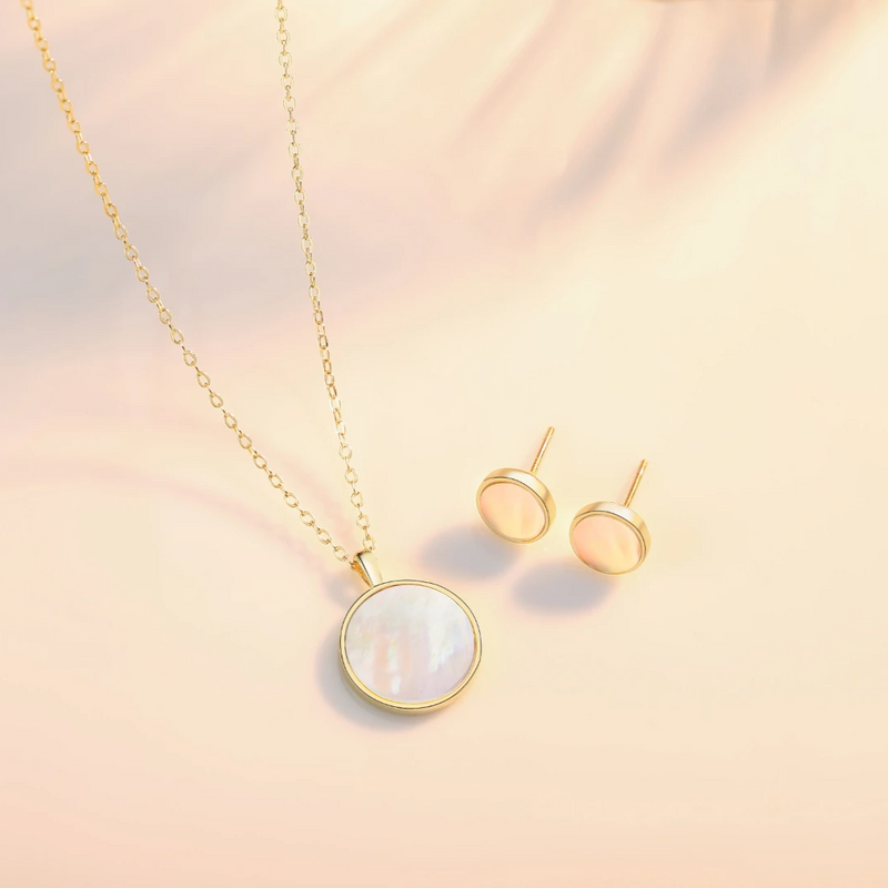 Gold Vermeil Mother of Pearl Shell Pendant Dainty Coin Necklace and Stud Earrings Jewelry Sets - ISAACSONG.DESIGN