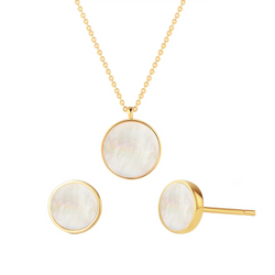 Gold Vermeil Mother of Pearl Shell Pendant Dainty Coin Necklace and Stud Earrings Jewelry Sets - ISAACSONG.DESIGN