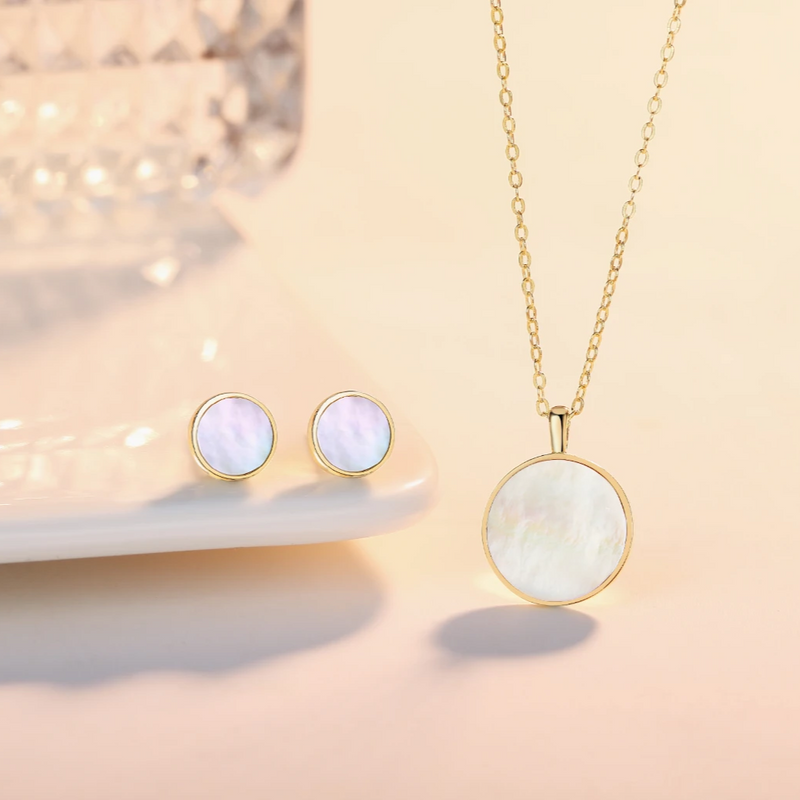 Gold Vermeil Mother of Pearl Shell Pendant Dainty Coin Necklace and Stud Earrings Jewelry Sets - ISAACSONG.DESIGN