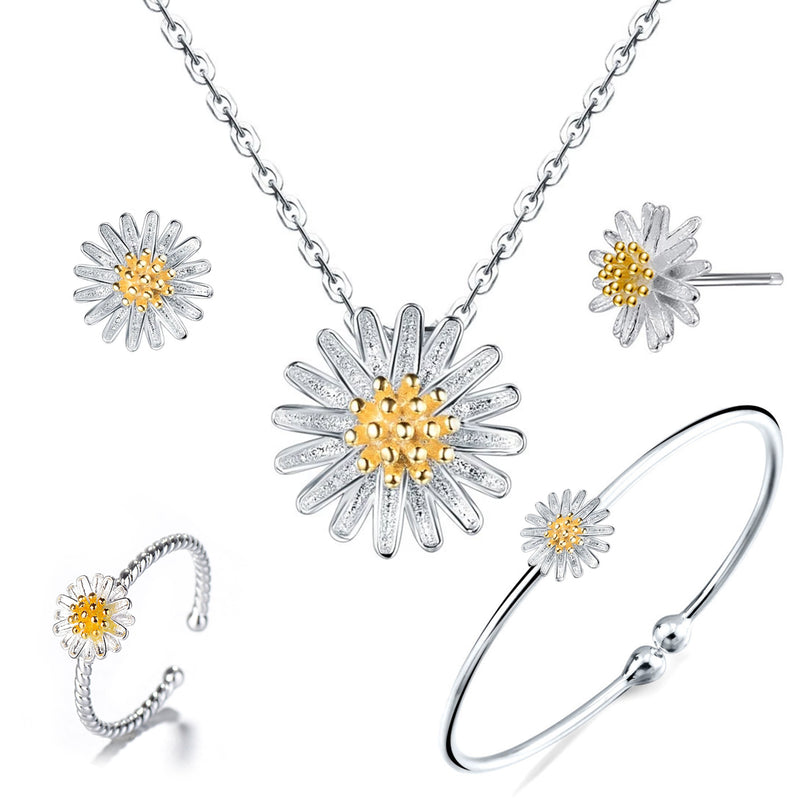 Sterling Silver Daisy Necklace Earring Bracelet ring Jewelry Set - ISAACSONG.DESIGN