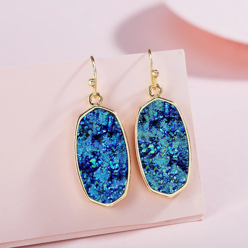 Statement Oval Drusy Crystal Stone Gold Tone Dangle Drop Earrings - ISAACSONG.DESIGN