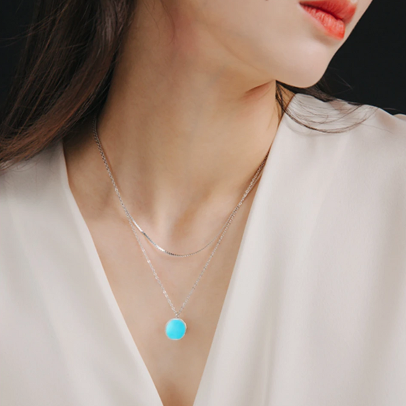 White Gold Vermeil Turquoise Dainty Circle Necklace and Stud Earrings Jewelry Set - ISAACSONG.DESIGN