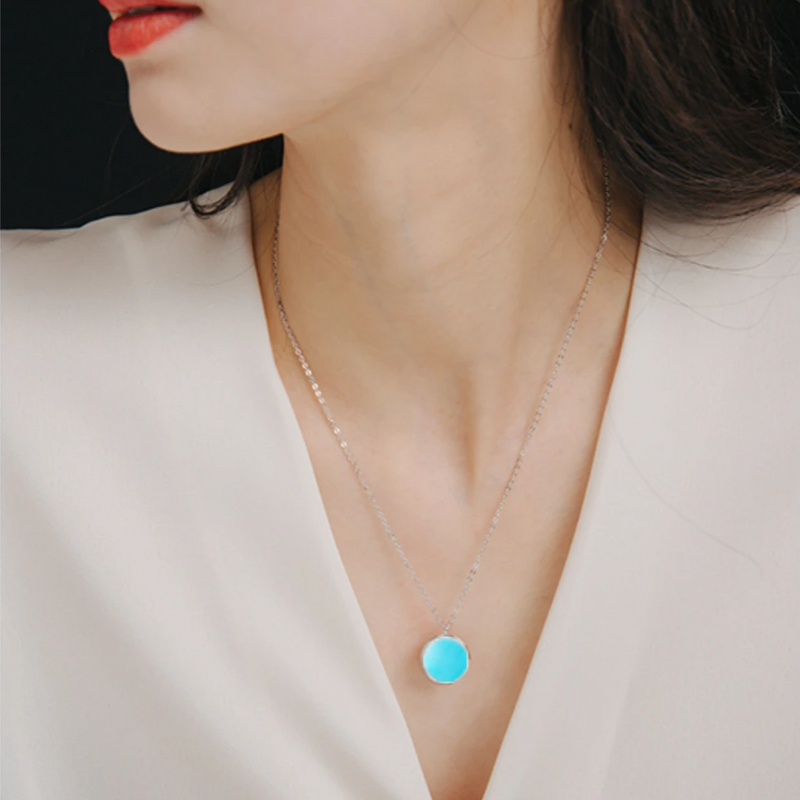 White Gold Vermeil Turquoise Dainty Circle Necklace and Stud Earrings Jewelry Set - ISAACSONG.DESIGN