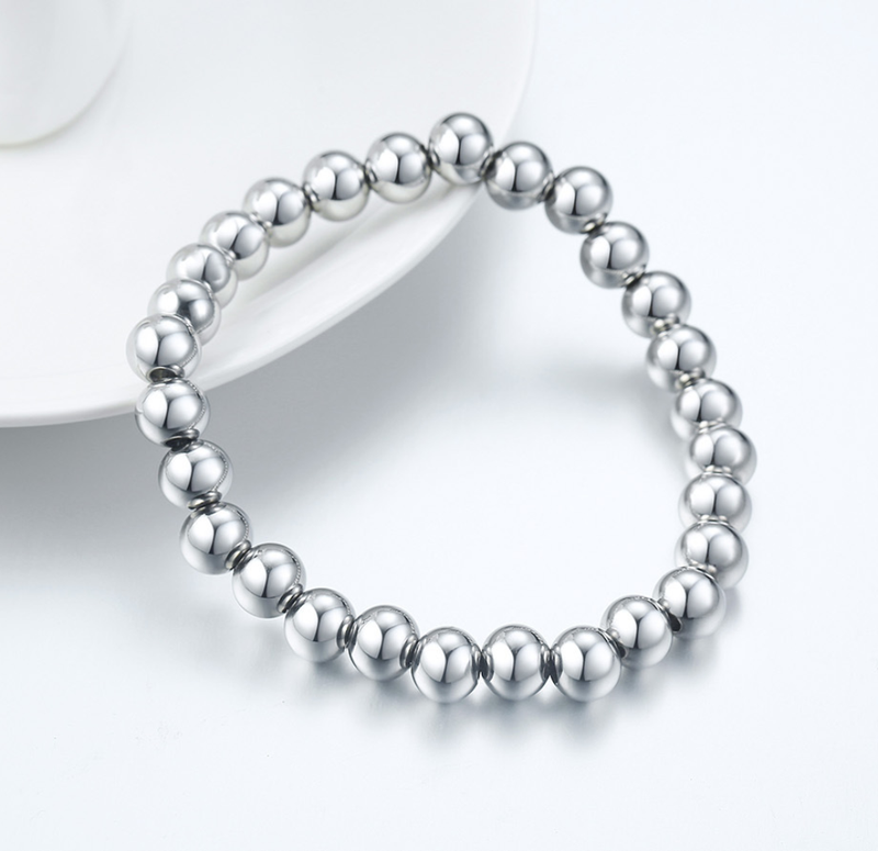 Unisex Silver Beaded Chunky Couple Stacking Elastic Bracelet Set - ISAACSONG.DESIGN