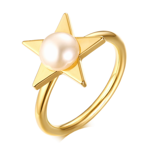Dainty Gold Star Stacking Ring with Pearl - ISAACSONG.DESIGN